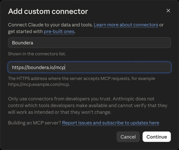 Claude Add custom connector form with Boundera and https://boundera.io/mcp entered